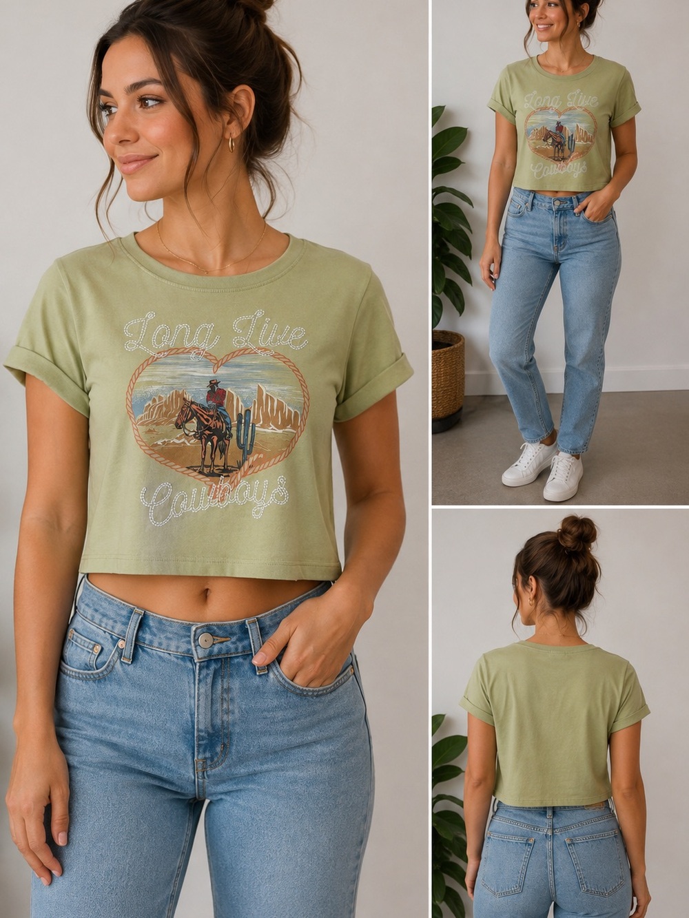 Messy Bun Just Chillin’ Long Live Cowboys Cropped Graphic T-Shirt Size S
